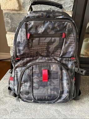 Gray and Black Camo Unisex Backpack with Red Accents